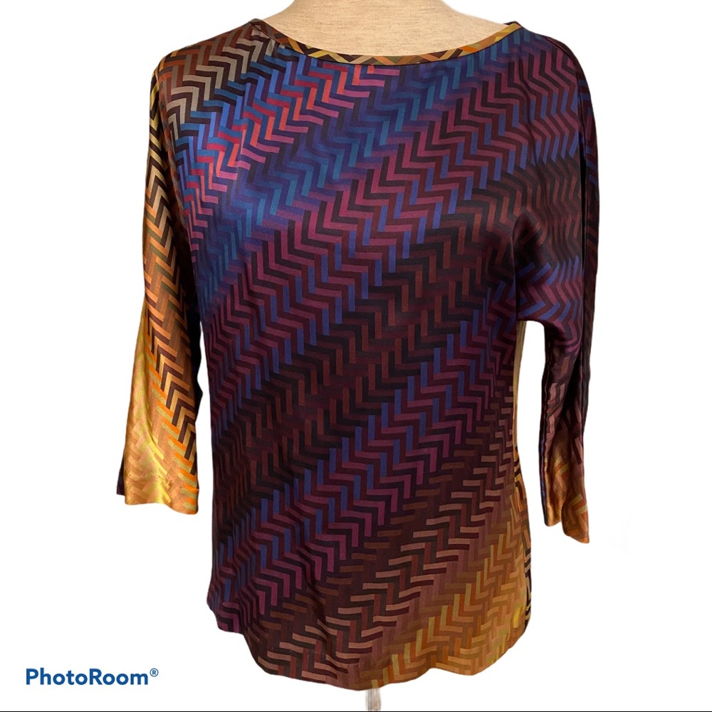TRINA TURK TOP BLOUSE BLUE GOLD MULTI COLOR SILK SIZE S